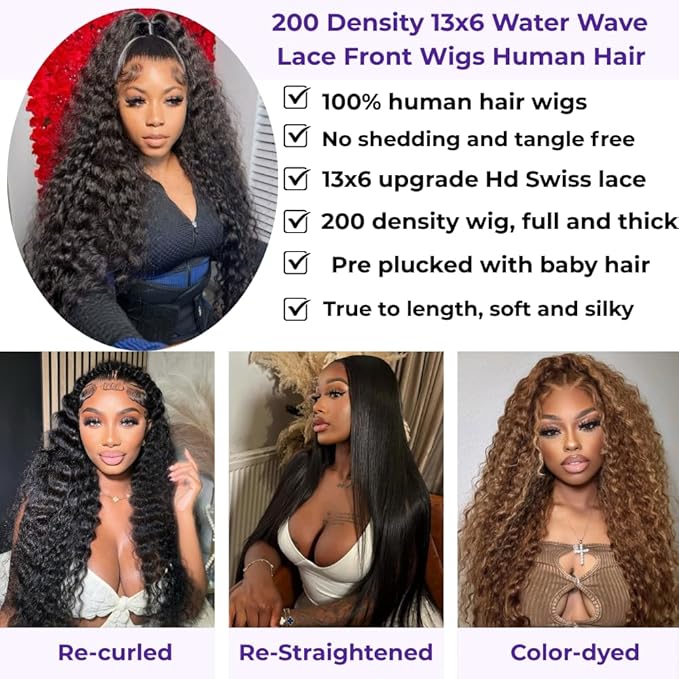 32 Inch Water Wave 13x6 HD Lace Front Wigs Human Hair Pre Plucked 200 Density Deep Part Curly Wig for Women Water Wave Frontal Wigs Human Hair