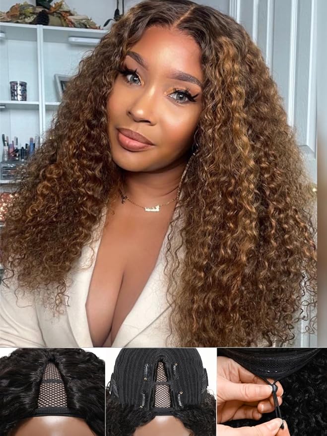 YIROO EasiContour V Part Wigs Ombre Brown Glueless Human Hair Upgrade U Part Wig with Dark Roots Highlight V Shape Clip Wigs Beginner Friendly with Drawstring Ready to Wear Chestnut Brown Color 18Inch