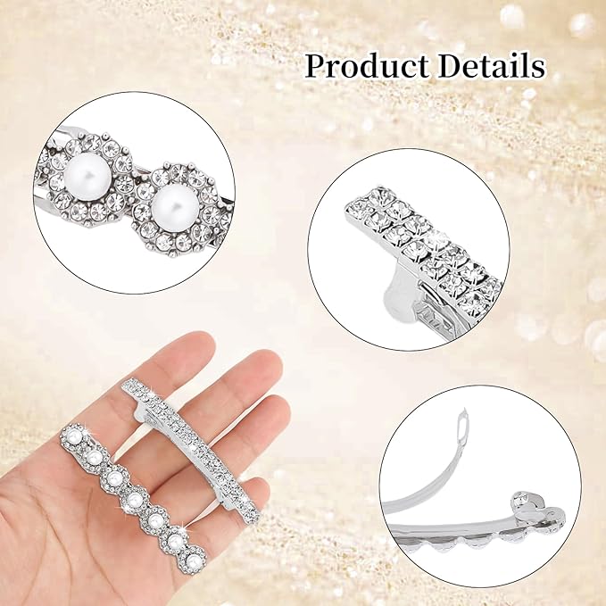 4PCS Rhinestone Hair Clips, Silver Sparkly Pearl Wedding Hair Barrettes, Elegant Metal Alloy Rhinestone Hair Accessories for Women Girls
