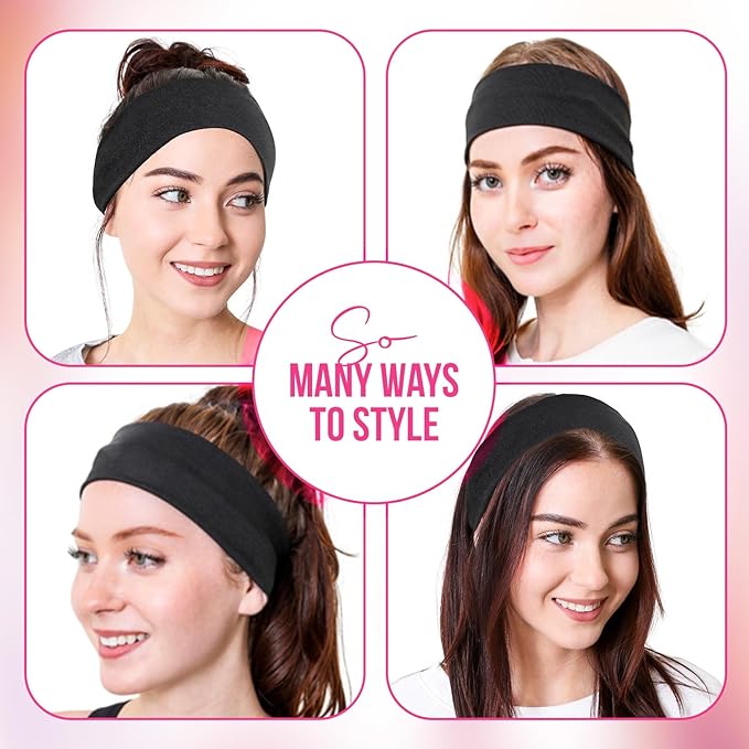 Styla Hair Headbands for Women Stretch Fashion Head Bands 10 Pack Non-Slip Head Wraps Great for Spa, Sports, Yoga, Pilates, Running, Gym Headband, Workouts (Black)