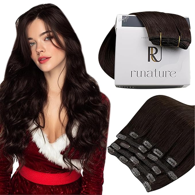 RUNATURE Clip in Hair Extensions Human Hair Dark Brown Human Hair Extensions Clip Ins Short Real Human Hair Clip in Extensions Remy Natural Hair 10 Inch 80g 7pcs #2 Darkest Brown