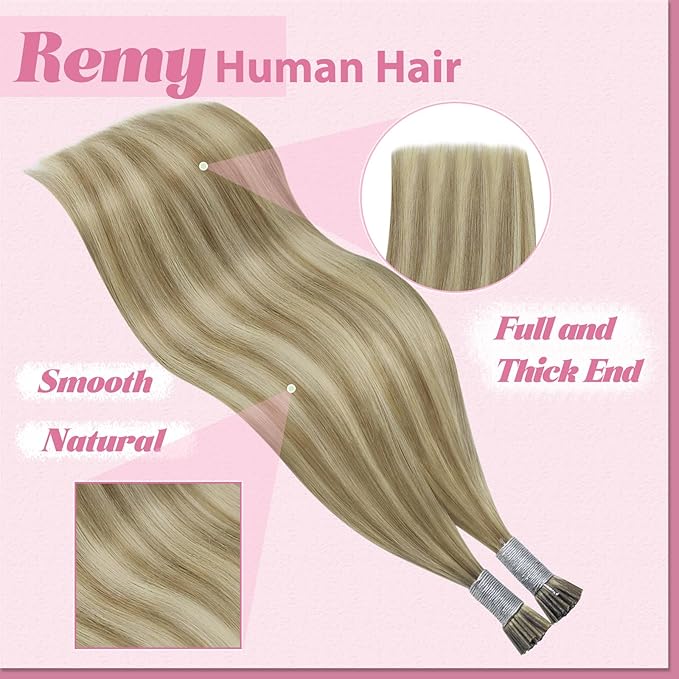 YoungSee I Tip Extensions Brown Highlight I Tip Hair Extensions Human Hair Light Brown Highlight Blonde Itip Hair Extension Real Human Hair 16In 80s 50g I-Tips Extension Human Hair Soft