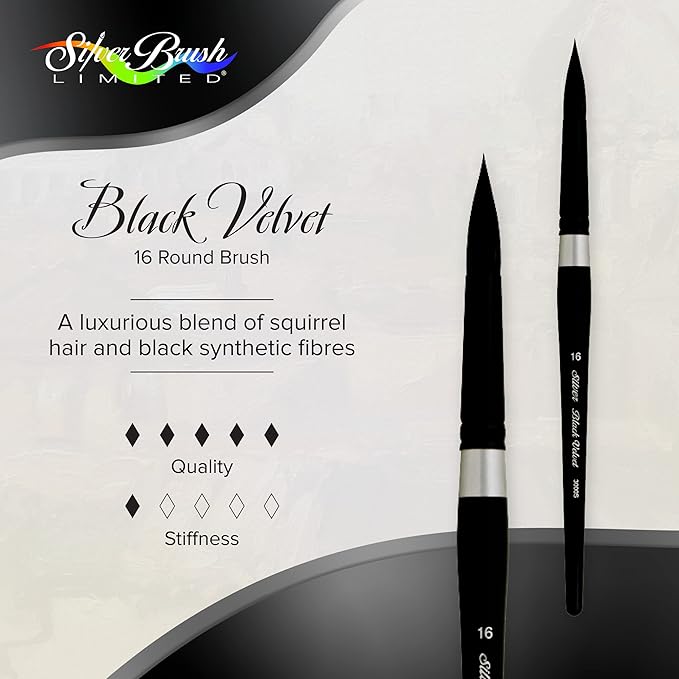 Silver Brush Limited 3000S-16 Black Velvet Round Paintbrush for Watercolor, Gouache, Inks, & Dyes, Size 16, Short Handle