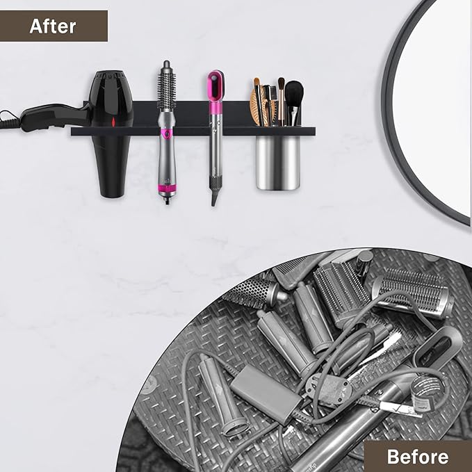 Hair Tool Organizer Wall Mounted - Wooden Dryer Holder, Blow Dryer Holder for Bathroom, Rustic Styling Tools Organizer for Flat Iron, Curling Wand, Hair Straighteners, Brushes, Black
