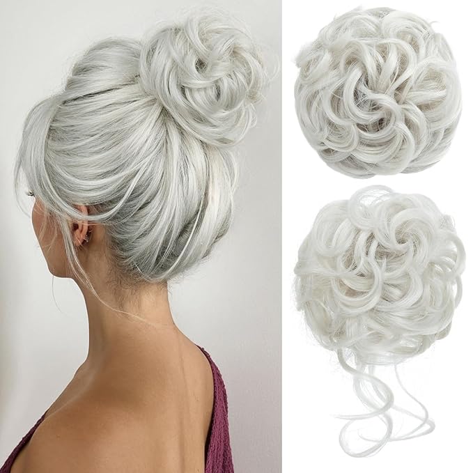 CJL HAIR 2PCS Messy Bun Hair Pieces Wavy Curly Synthetic Updo Chignon Fake Scrunchies Ponytail Extension for Women White