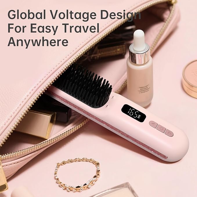 Hair Straightener Brush, Portable Cordless Mini Straightening Brush for Travel, 300M Negative Ions for Frizz-Free Shine, Fast Heating,Hot Comb Hair Straightener with 9 Temps for Women