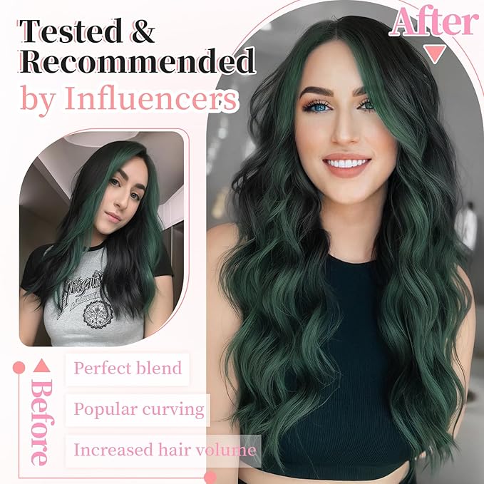 KooKaStyle Clip in Synthetic Hair Extensions Long Wavy 4PCS Thick HairpiecesBlack to Green Ombre Fiber Double Weft Natural Hair Extensions 24 Inch for Women