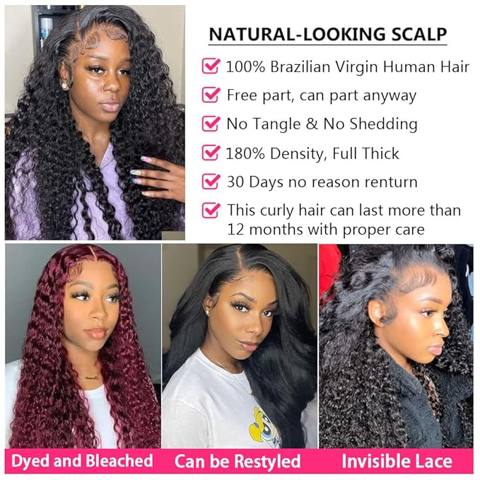 Deep Wave Human Hair Wig - Lace Front, 180% Density, Curly, Wet & Wavy, 13x4 HD Lace Frontal, 18 Inch Glueless, Pre Plucked