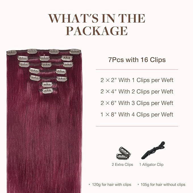 GOO GOO Clip in Hair Extensions Real Human Hair, Remy Human Hair Extensions Clip ins for Women, Natural Human Hair, 18inch 120g 7Pcs, 530 Burgundy