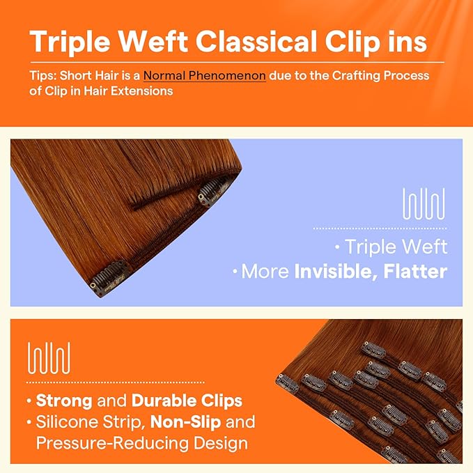 Full Shine Copper Clip in Hair Extensions Human Hair 22 Inch Copper Hair Extensions Clip ins for Women 7 Pcs 120 G