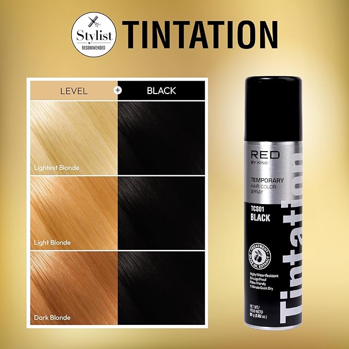 Red by Kiss Tintation Temporary Hair Color Spray, Instant Gray Root Touch Up Coverage, Water-Resistant & Smudge-Proof, Easy Wash Out, Barber & Hairline Touch-Up, Quick-Dry (Black, 2.82 oz)