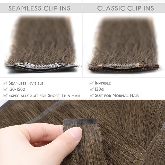 WENNALIFE Seamless Clip In Hair Extensions Human Hair, 18 Inch 130g 7pcs Light Ash Brown Real Hair Extensions Clip in Human Hair Invisible PU Skin Weft Natural Remy Human Hair Extensions
