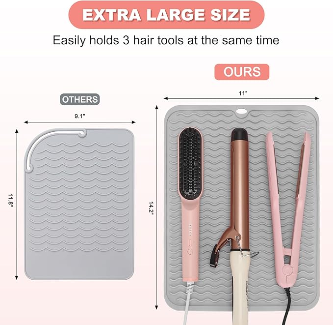 Oversize Silicone Heat Resistant Mat for Curling Irons, Hair Straighteners, Flat Irons and Hot Hair Styling Tools, Portable Wrap Pad Cover for Vanity, Travel, Salon(14.2" x 11.0")