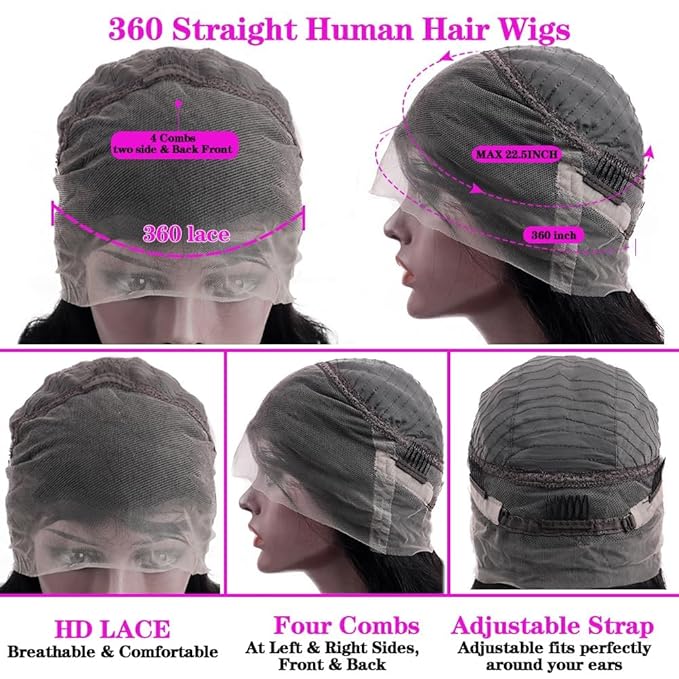 sdamey 360 Straight Lace Front Wigs Human Hair HD Transparant Full Lace Wigs For Women 200 Density Wigs Human Hair Pre Plucked With Baby Hair 12A Brazilian Virgin Hair Natural Color 26inch