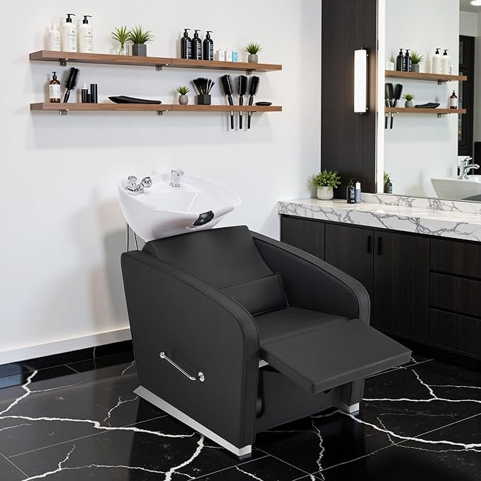 BarberPub Backwash Shampoo Chair and Bowl Set, Adjustable Porcelain Ceramic Hair Wash Bowl Sink Unit, Shampoo Station Chair for Spa Beauty Salon Hair Salon Equipment 9370 (Black&White Bowl)