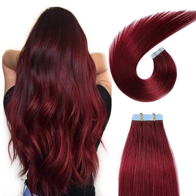 SUYYA Tape in Hair Extensions - Burgundy Straight Human Hair, 20 Pcs/Pack, 50g, 18 inch Wine Red