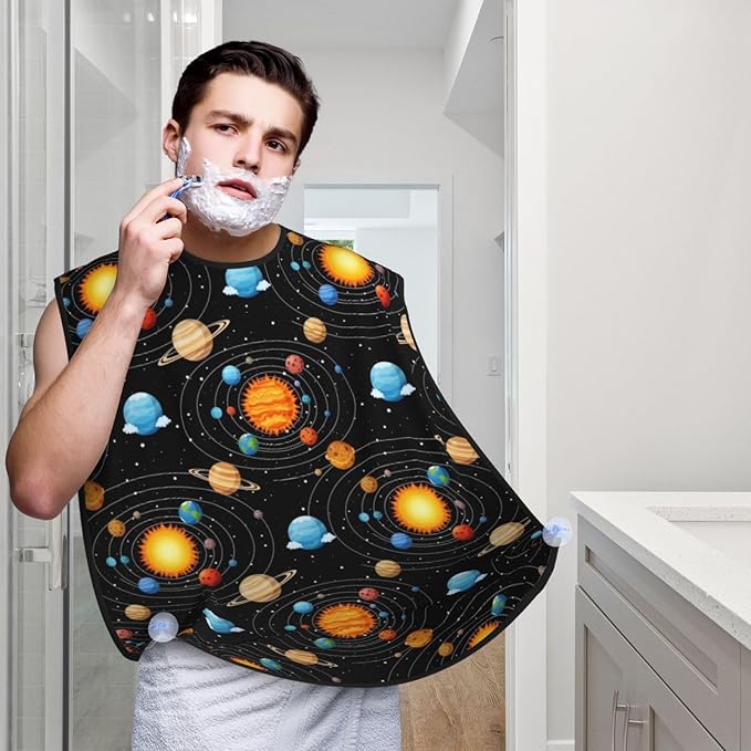Men's Shaving Accessory Solar System Galaxy Space Planet Black, Waterproof Beard Apron with Hair Catcher & Suction Cups