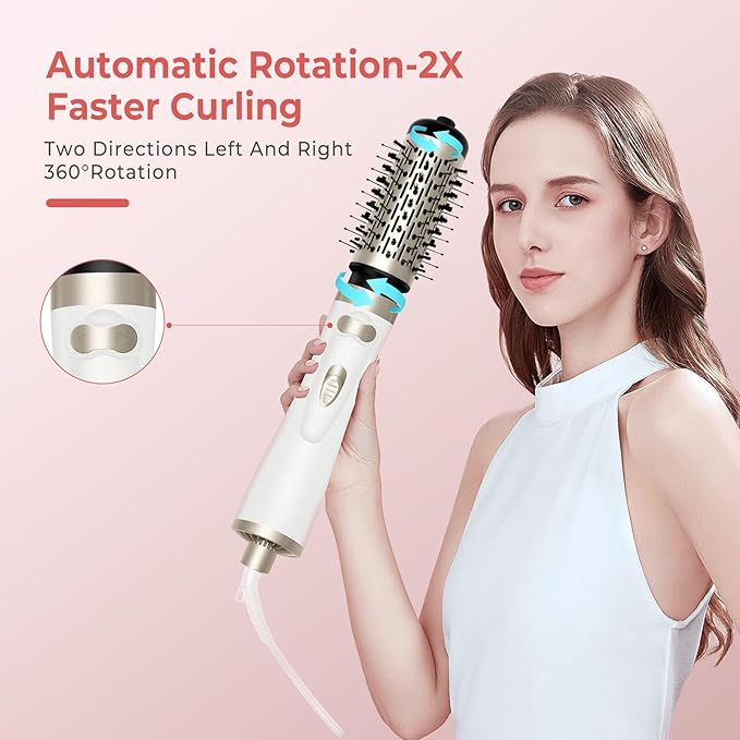 Hair Dryer Brush, 3-in-1 Rotating Round Hot Air Spin Brush Set with 2 Brushes (2" & 1.5"), Negative Ionic Blow Volumizer, 2 Detachable Auto-Rotating Curling Brush 100-120V
