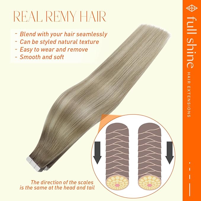 Full Shine Tape in Hair Extensions Human Hair Color 19/8/60 Grey Fading to Ash Brown And Blonde Double Sided Tape in Human Hair Extensions 12 Inch Skin Weft Tape in Extensions 20Pcs 30 Gram