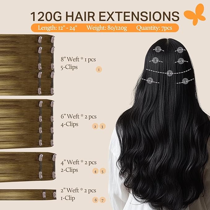 DOORES Remy Human Hair Extensions Clip in, Medium Brown Highlighted Dirty Blonde 16 Inch 7pcs 120g, Clip in Hair Extensions Real Natural Hair Extensions Straight Thick