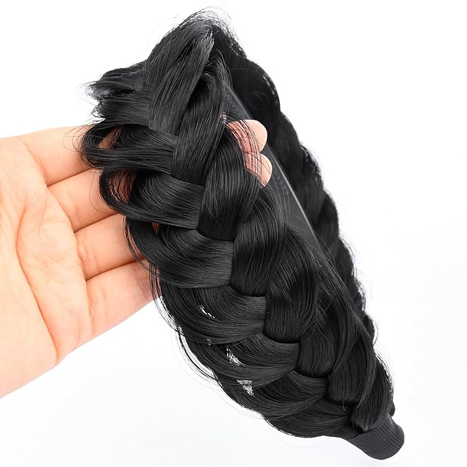 DIGUAN Wide Messy Braided Headband With Teeth Synthetic Hair Plaited Headband High Elasticity Braids Chunky Fishtail Braided Hair Band Hairpiece for Girls Women Beauty Accessory (Black)