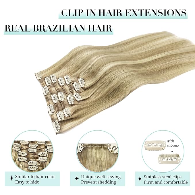 DOORES Clip in Hair Extensions Balayage Light Blonde Highlighted Golden Blonde Remy Human Hair Extensions Clip in Straight Thick 16 Inch 120g 7pcs Real Natural Hair Extensions