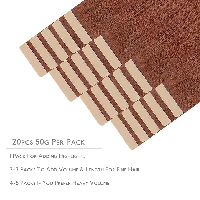 WENNALIFE Tape in Hair Extensions Human Hair, 20pcs 50g 24 inch Dark Auburn Copper Remy Hair Extensions Straight Human Hair Tape in Extensions Skin Weft Tape Extensions Human Hair