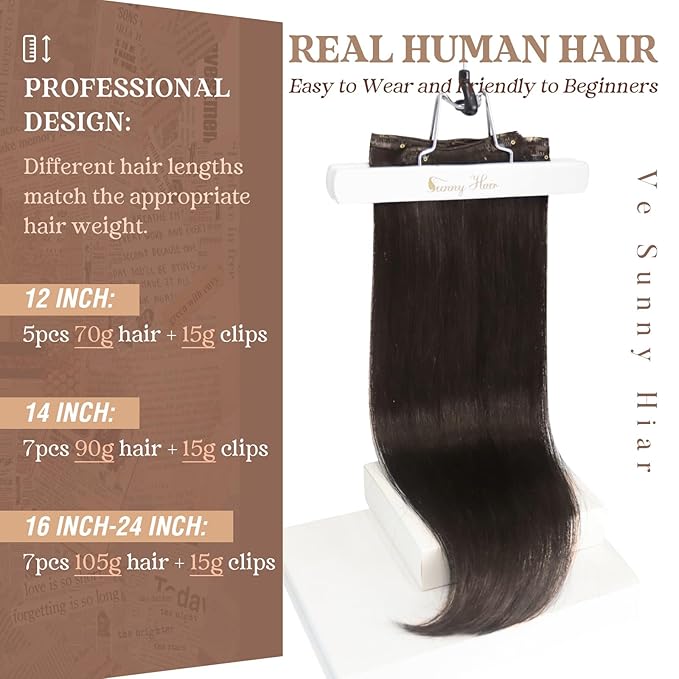 Ve Sunny Clip in Human Hair Extensions, Clip on Hair Extensions for Women, Dark Brown Clip in Hair Extensions Long Straight Hair Extensions 7pcs 120g 24inch
