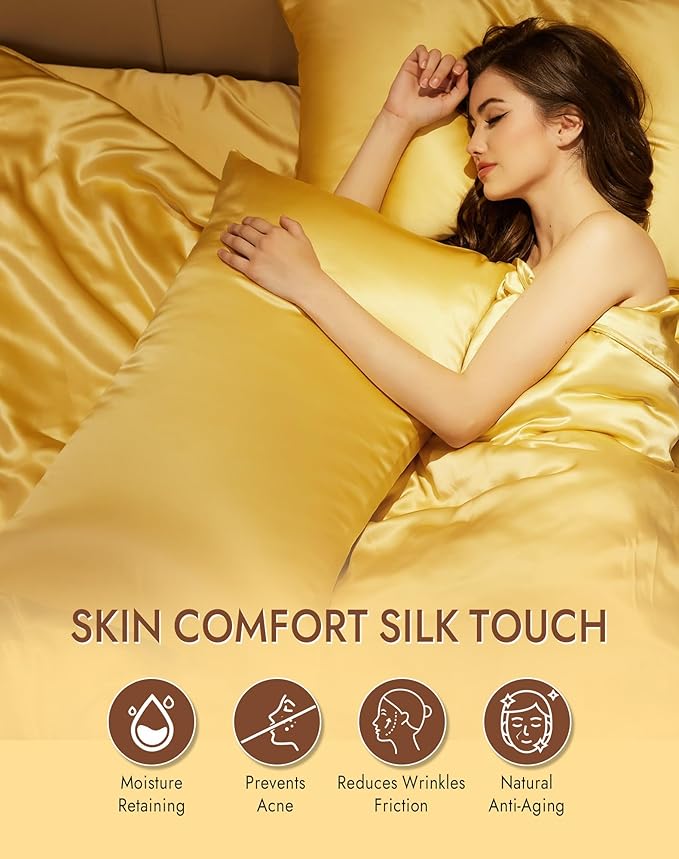 SilkSilky 100% Mulberry Silk Pillowcase - Pure 22 Momme High-Grade 6A Fibers for Hair & Skin, Envelope Closure, Natural, Organic, Breathable & Cooling Pillow Case (Queen, Champagne)