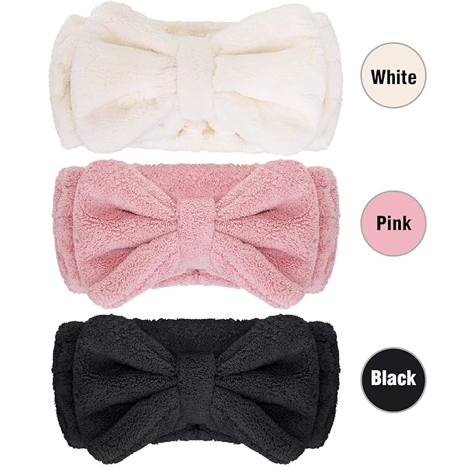 3 Pieces Wash Face Headband Makeup Spa Headband Towel Terry Hair Bands Microfiber Bowtie Shower Facial Adjustable HairBand for Women (Pink, Blue, White)