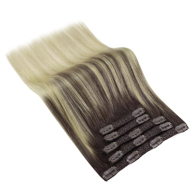 Ve Sunny Clip in Hair Extensions, Human Hair Clip in Extensions, Clip on Hair Extensions for Women, Dark Brown Ombre Golden Blonde Mix Platinum Blonde Straight Hair Extensions 7pcs 24inch 120g