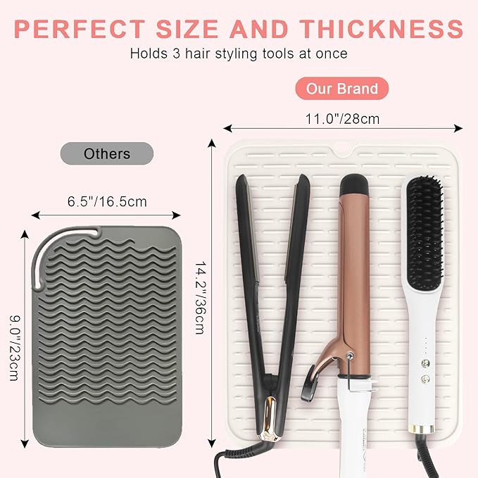 AMIJEAL Oversize Silicone Heat Resistant Mat for Hair Tools, Curling Iron Mat, Hot Tools Holder, Portable Flat Iron Hair Straightener Pad Cover for Travel Vanity Salon(14.2" x 11.0")