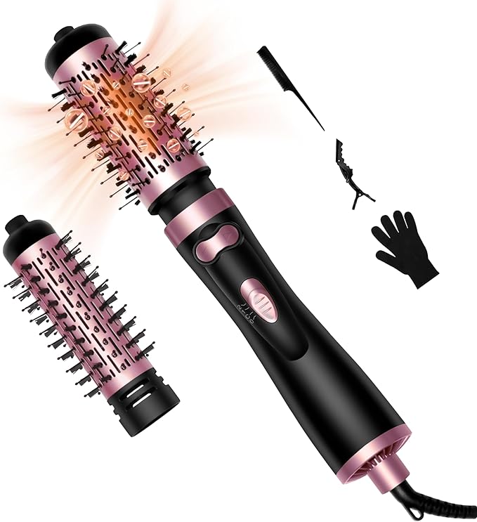Hair Dryer Brush, 3-in-1 Rotating Round Hot Air Spin Brush Set with 2 Brushes (2" & 1.5"), Negative Ionic Blow Volumizer, 2 Detachable Auto-Rotating Curling Brush 100-120V