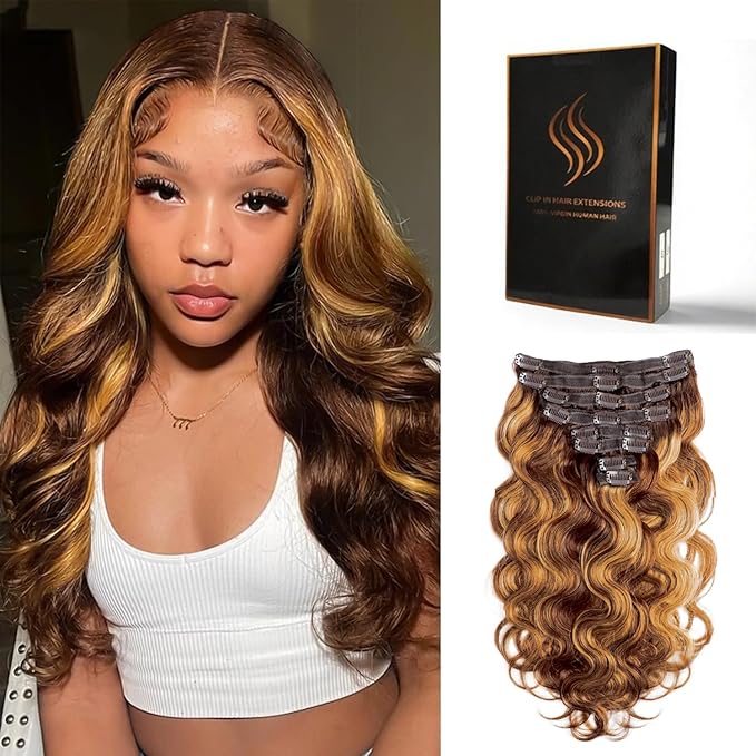 Clip in Hair Extensions Real Human Hair Body Wave #4/27 Chocolate Brown to Honey Blonde 100% Brazilian Remy Human Hair Extensions 8pcs Per Set with 18 Clips Double Weft 20 Inch 105g/3.6oz