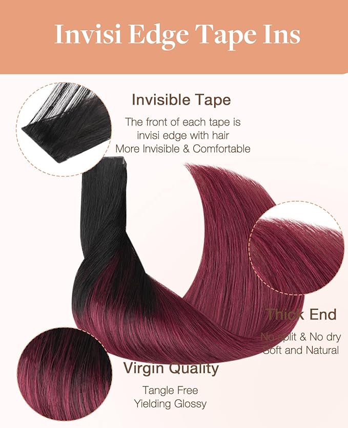 GOO GOO Invisi Edge Tape in Hair Extensions Human Hair, 1/99 Balayage Jet Black to Red, 20pcs 14inch 50g, Virgin Remy Hair, Seamless Injected Tape, Natural Look