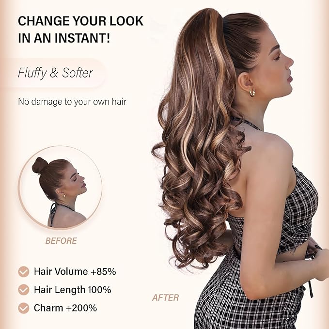 24 Inch Black Ponytail Extension, Layered Pony Tail Clip on Hair Extension, Soft Wavy Claw Clip in Ponytail Extension, Natural Synthetic Hair Pieces for Women (Color: Black)