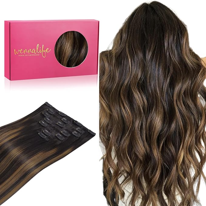 WENNALIFE Clip in Human Hair Extensions, 14 Inch 120g 7pcs Natural Black to Chestnut Brown Balayage Remy Clip in Hair Extensions Real Human Hair Double Weft