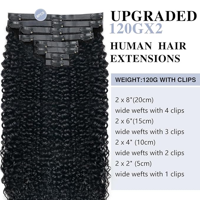 2 Pack 240g Curly Clip in Hair Extensions Real Human Hair 16 Pcs Seamless Clip ins for Women Full Head with PU Skin Weft 15A Remy Human Hair 14inch Natural Black