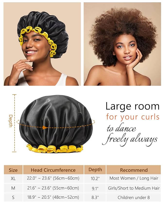 mikimini Small Black Shower Caps for Child 2 Packs, Double Layers Waterproof Bathing Hair Cap with Reusable Soft Comfortable PEVA Lining, Cute, Non-fading & Stretchy Shower Hat