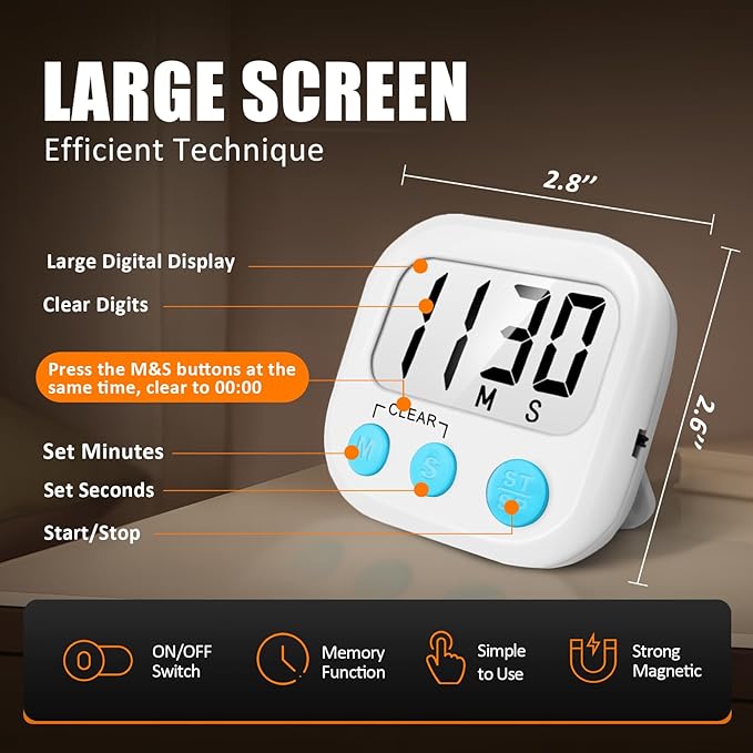 12 Pack Digital Kitchen Timers for Cooking Magnetic Timer for Cooking Loud Alarm White