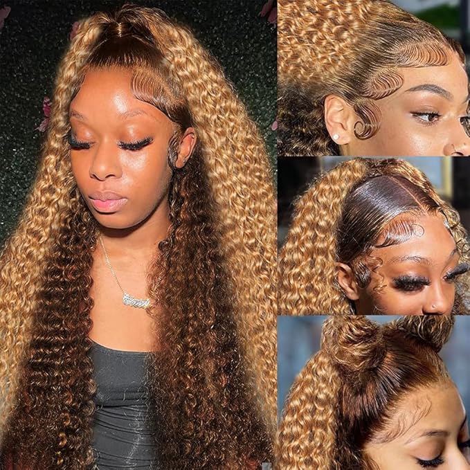AMIRTY 360 Honey Blonde Water Wave Wig Human Hair 4/27 Highlight Curly Wig Pre Plucked Ombre Lace Front Wig Human Hair Deep Wave Lace Front Wig Colored Wigs 22Inch