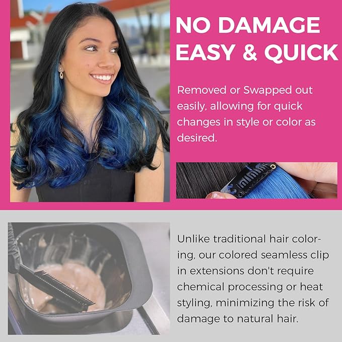 Lashey Hair Extensions Real Human Hair 48g 4pcs Blue 20 Inch Long Straight Seamless Clip in Hair Extensions Human Hair for Colored Highlight