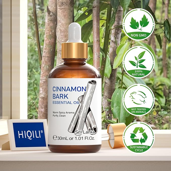 HIQILI Cinnamon Essential Oil for Spary, Diffuser, Garden and Kitchen - 100% Pure Natural - Indoor and Outdoor, 1.01 Fl Oz