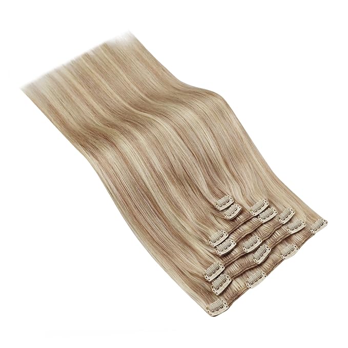 Ve Sunny Clip in Human Hair Extensions Highlights Clip in Hair Extensions Dark Ash Blonde Highlights Light Blonde Real Hair Extensions Clip in Human Hair for Thin Hair Daily Use 7pcs 16inch 120g