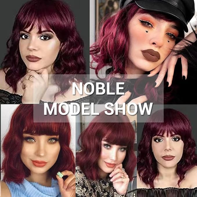 NOBLE Synthetic Ombre Burgundy Wig Short Wavy Wigs With Air Bangs Shoulder Length Wig For Women Curly Wavy Heat Resistant Synthetic Colorful BOB Wigs