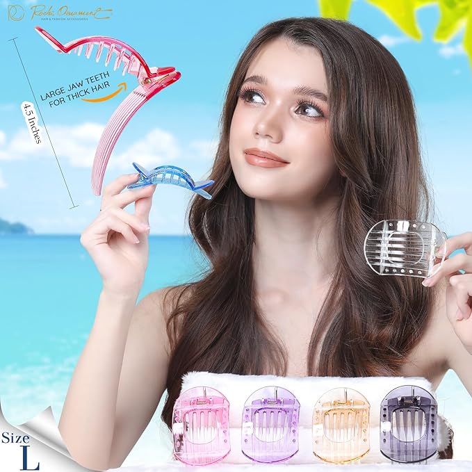RC ROCHE 6 Pcs Flat Claw Hair Clips for Women Thick Hair French Round Duckbill Square Secure Strong Hold Grip Clamps Barrettes Curved No Slip No Crease Styling Cute Extra Jumbo XL, Large Transparent