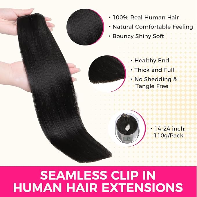 Lashey Seamless Hair Extensions Real Human Hair 110g 7pcs Light Yaki Straight Clip in Hair Extensions Natural Black 24 Inch Seamless Long Clip ins for Women