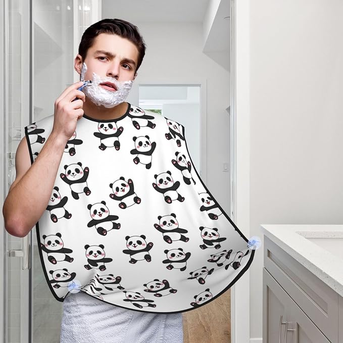 Beard Grooming Cape, Waterproof Hair Catcher for Shaving Trimming, Non-Stick Bib Apron Gifts for Dad Men, Cute Cartoon Pandas Shave Bib