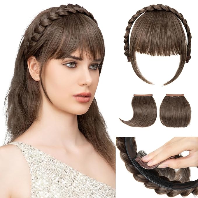 SARLA Braided Headband with 3 Detachable Clip in Bangs Fringe Hairpieces Fake Synthetic Hair Band Bangs for Women Coffee Brown