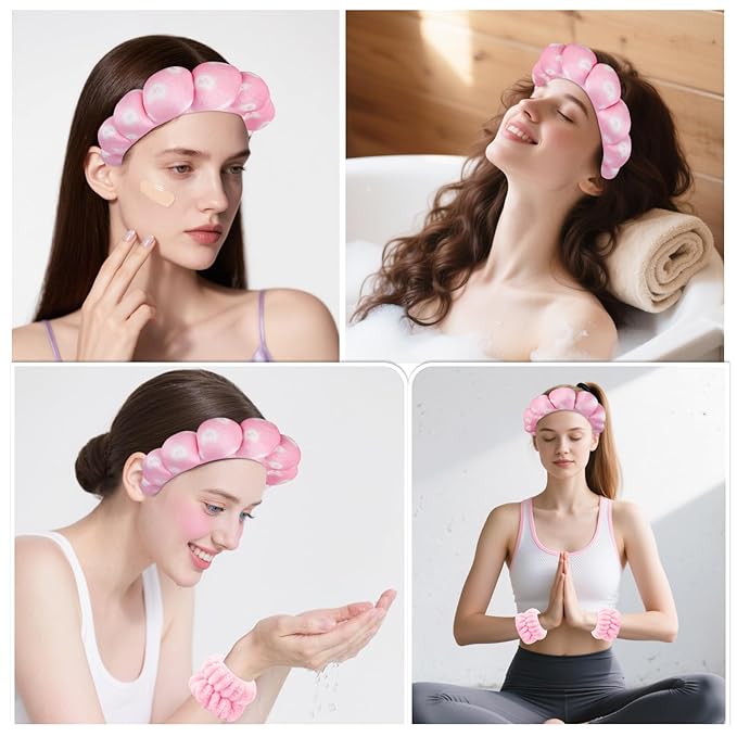 Zkptops Spa Headband for Washing Face Wristband Set Sponge Makeup Skincare Velvet Fabric Bubble Soft Get Ready Hairbands for Women Puffy Headwear Non Slip Thick Thin Hair Accessory (Pink Nuts)